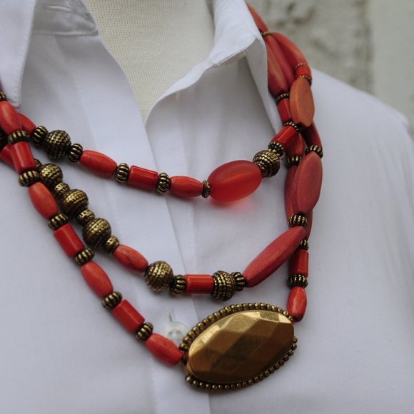 NWT Orange and Brass  necklace with three strands. - Picture 2 of 3